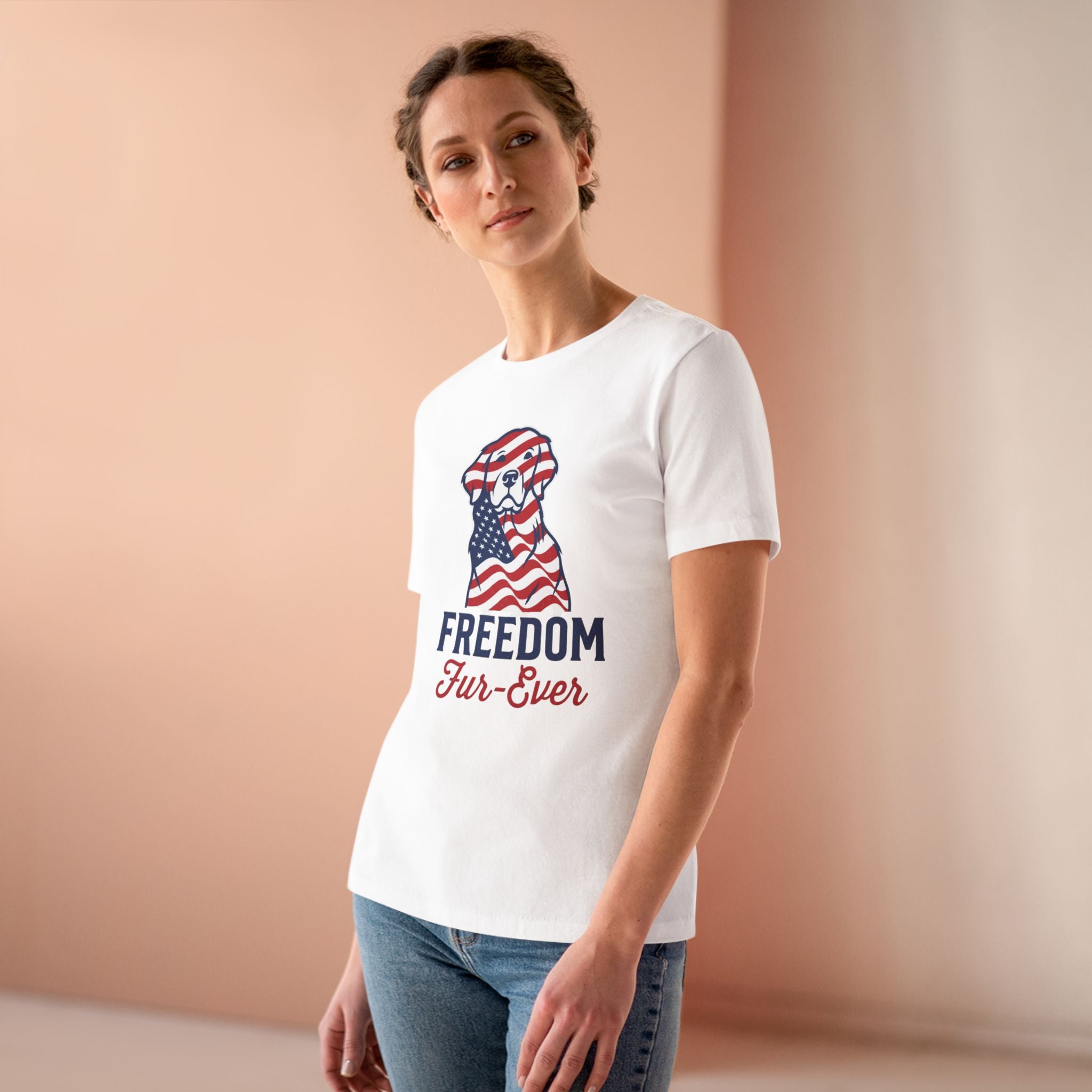 Freedom Fur-Ever Dog T‑Shirt — Patriotic American Flag Puppy Tee for Women