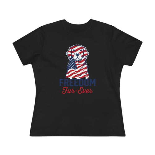 Freedom Fur-Ever Dog T‑Shirt — Patriotic American Flag Puppy Tee for Women