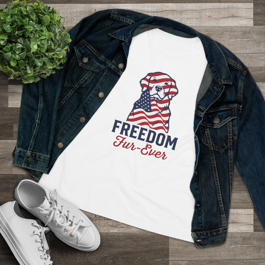 Freedom Fur-Ever Dog T‑Shirt — Patriotic American Flag Puppy Tee for Women
