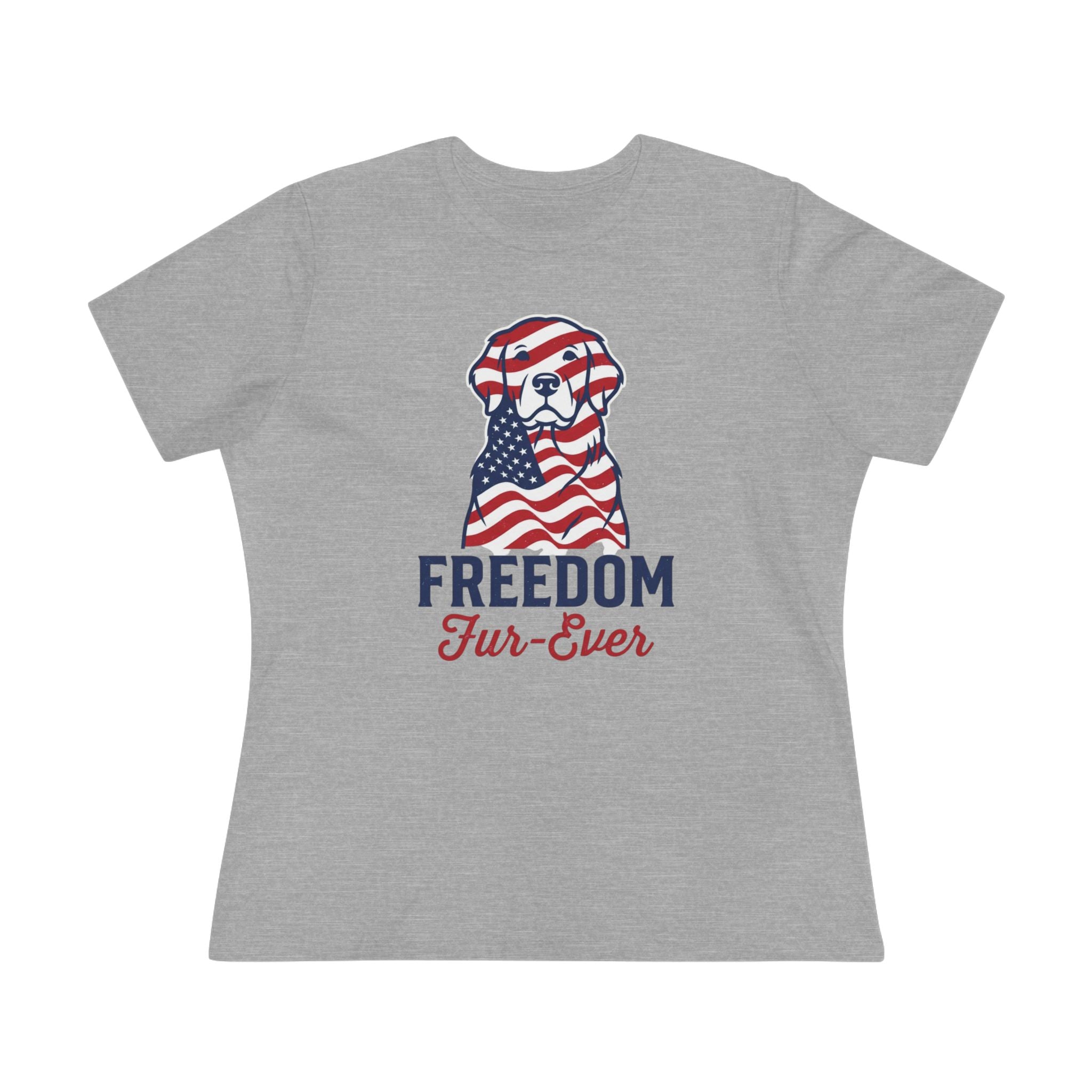 Freedom Fur-Ever Dog T‑Shirt — Patriotic American Flag Puppy Tee for Women