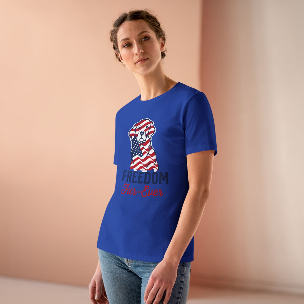 Freedom Fur-Ever Dog T‑Shirt — Patriotic American Flag Puppy Tee for Women