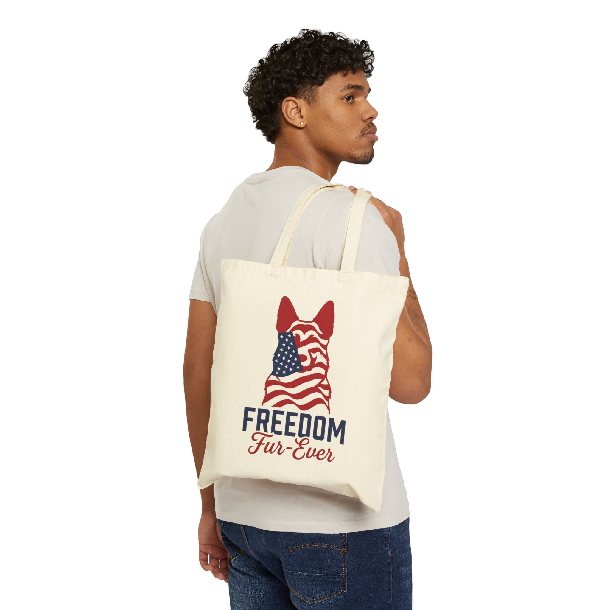 Freedom Fur-Ever Tote Bag — Patriotic American Flag Dog Canvas Tote