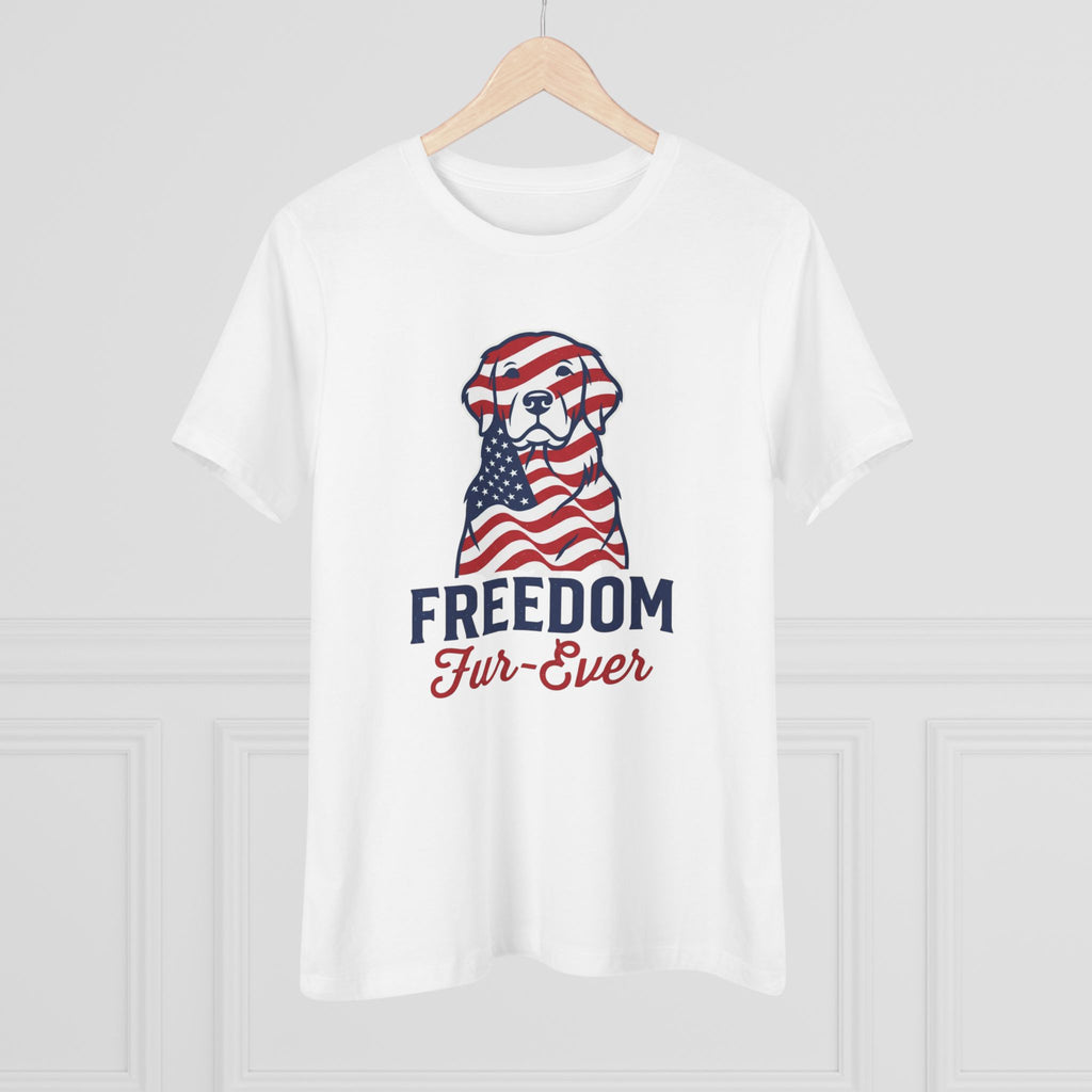 Freedom Fur-Ever Dog T‑Shirt — Patriotic American Flag Puppy Tee for Women
