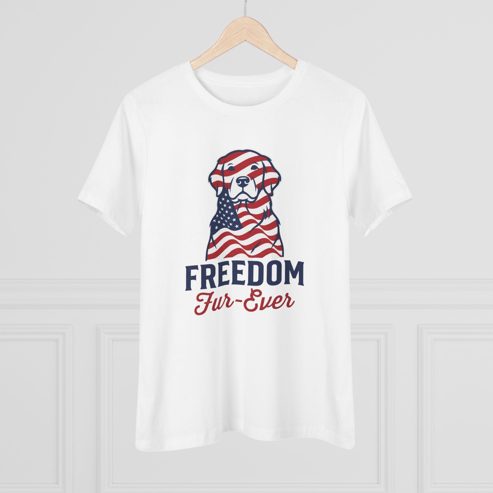 Freedom Fur-Ever Dog T‑Shirt — Patriotic American Flag Puppy Tee for Women
