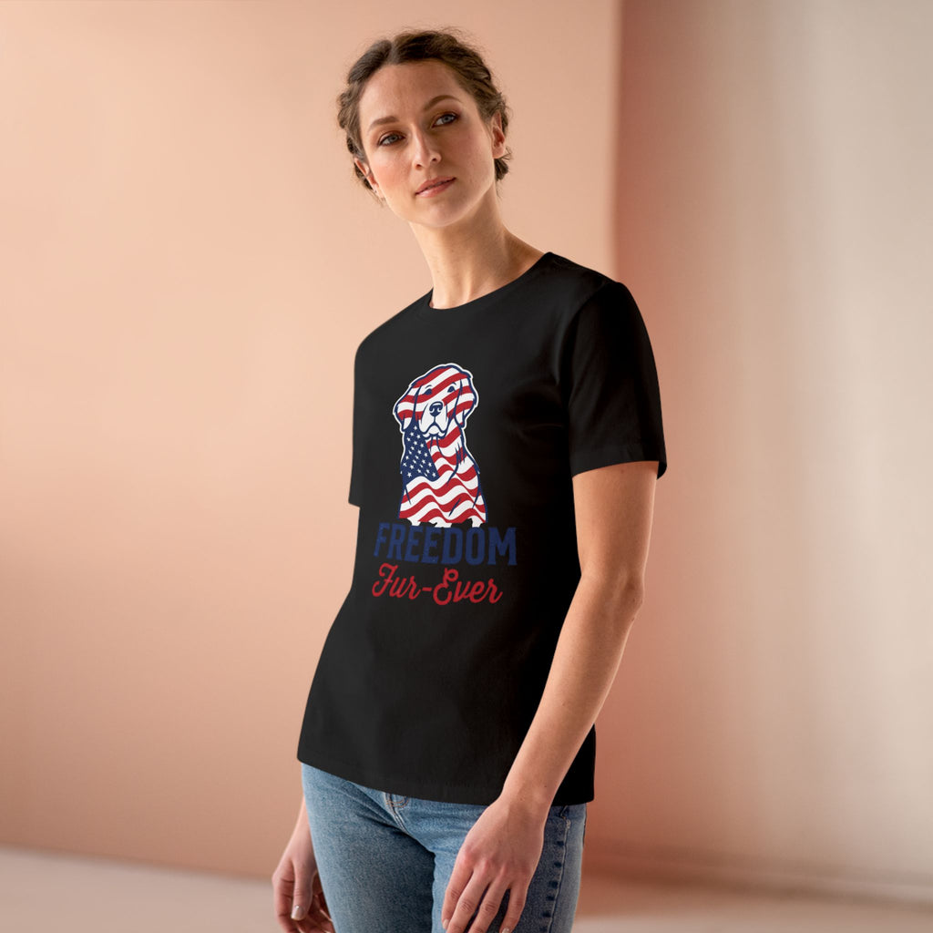 Freedom Fur-Ever Dog T‑Shirt — Patriotic American Flag Puppy Tee for Women
