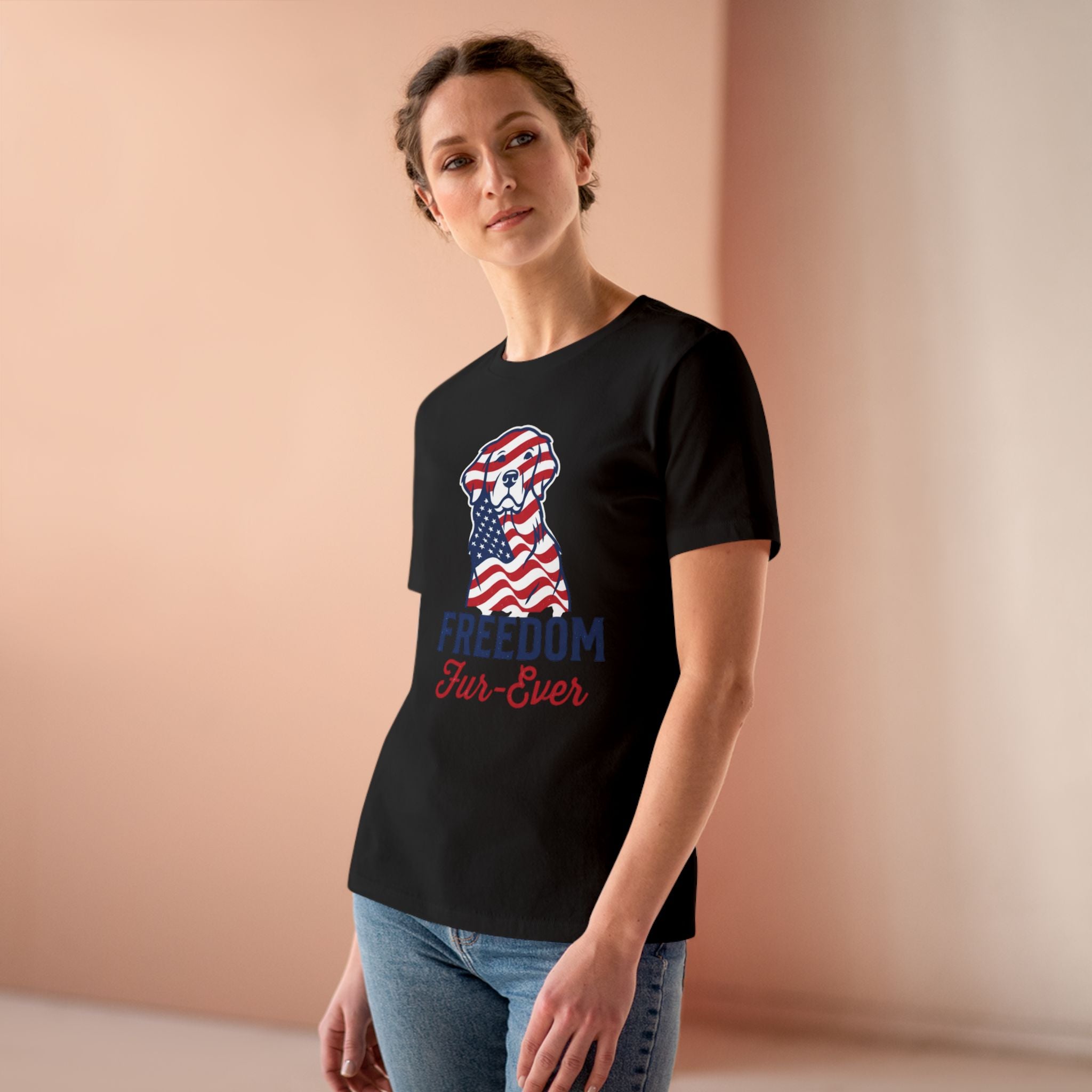 Freedom Fur-Ever Dog T‑Shirt — Patriotic American Flag Puppy Tee for Women