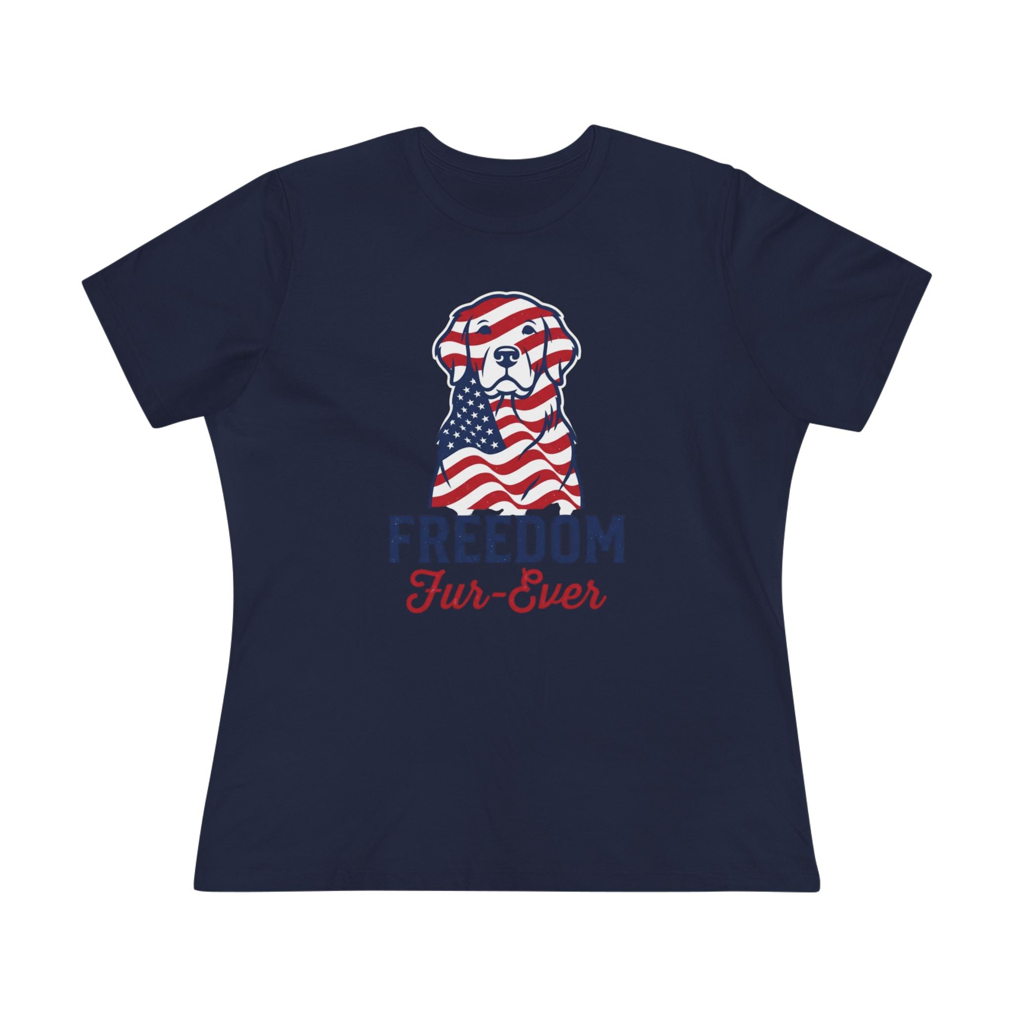 Freedom Fur-Ever Dog T‑Shirt — Patriotic American Flag Puppy Tee for Women