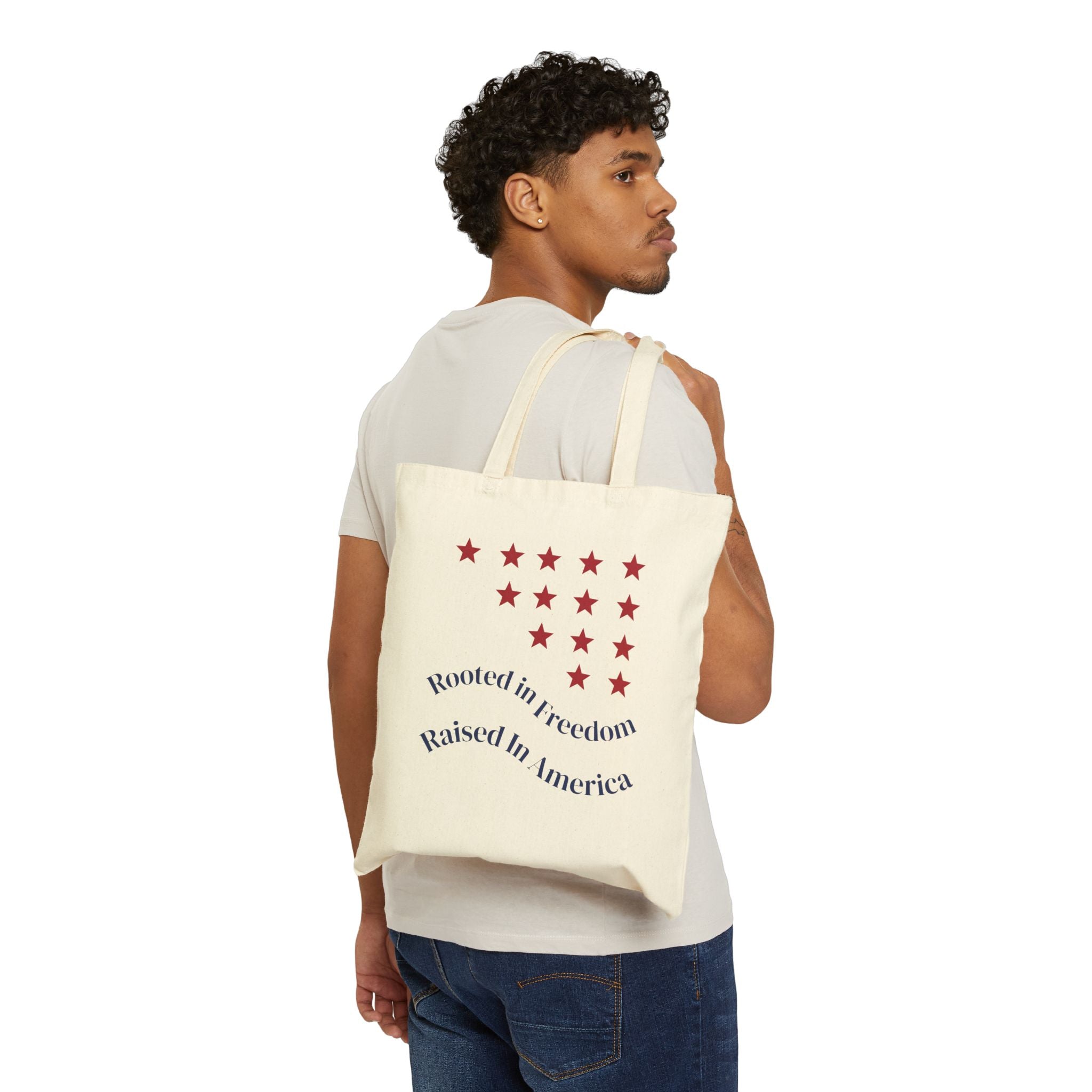 Patriotic Canvas Tote — “Rooted in Freedom, Raised in America”