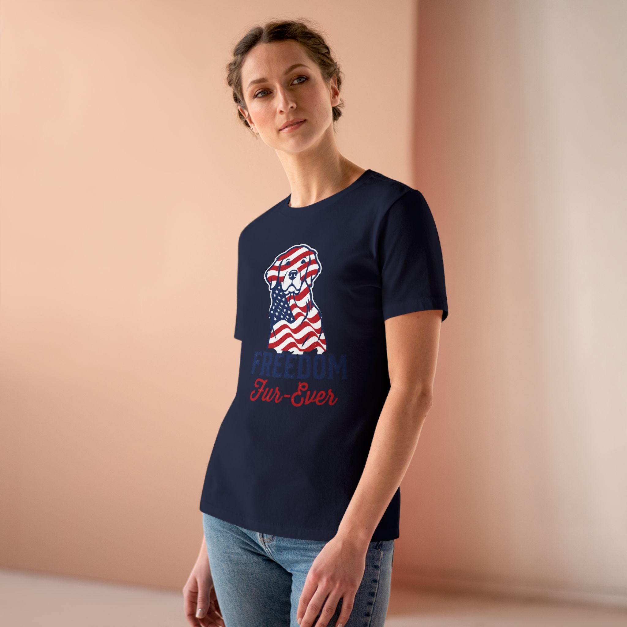 Freedom Fur-Ever Dog T‑Shirt — Patriotic American Flag Puppy Tee for Women