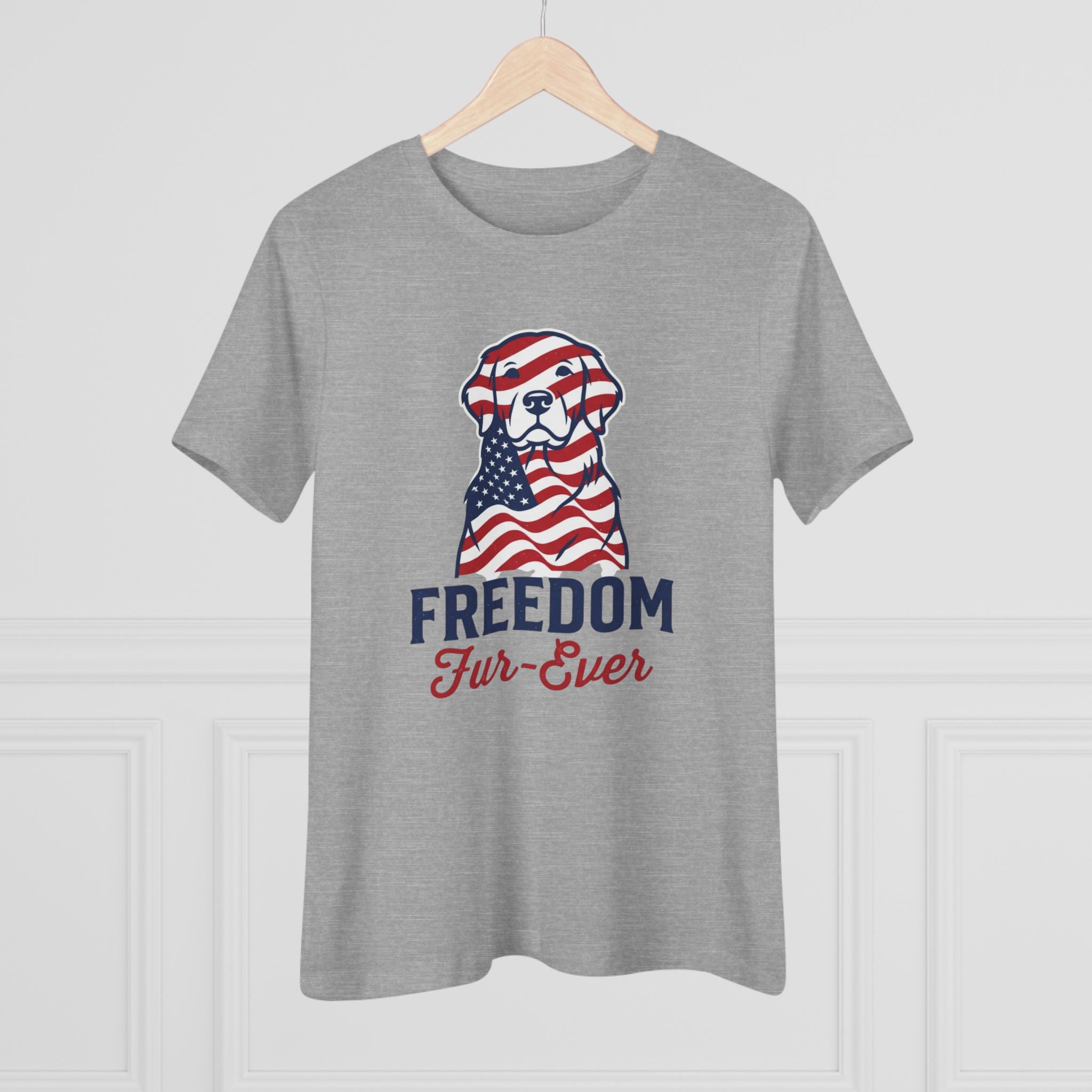 Freedom Fur-Ever Dog T‑Shirt — Patriotic American Flag Puppy Tee for Women