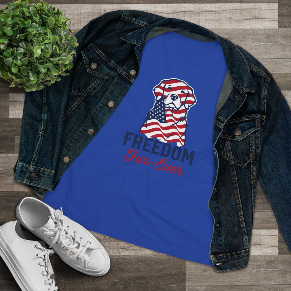 Freedom Fur-Ever Dog T‑Shirt — Patriotic American Flag Puppy Tee for Women