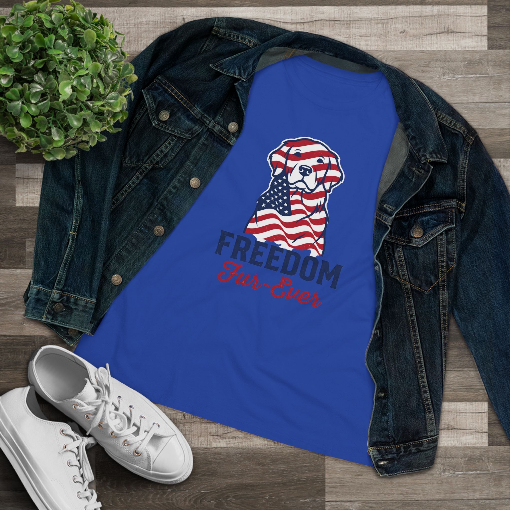 Freedom Fur-Ever Dog T‑Shirt — Patriotic American Flag Puppy Tee for Women