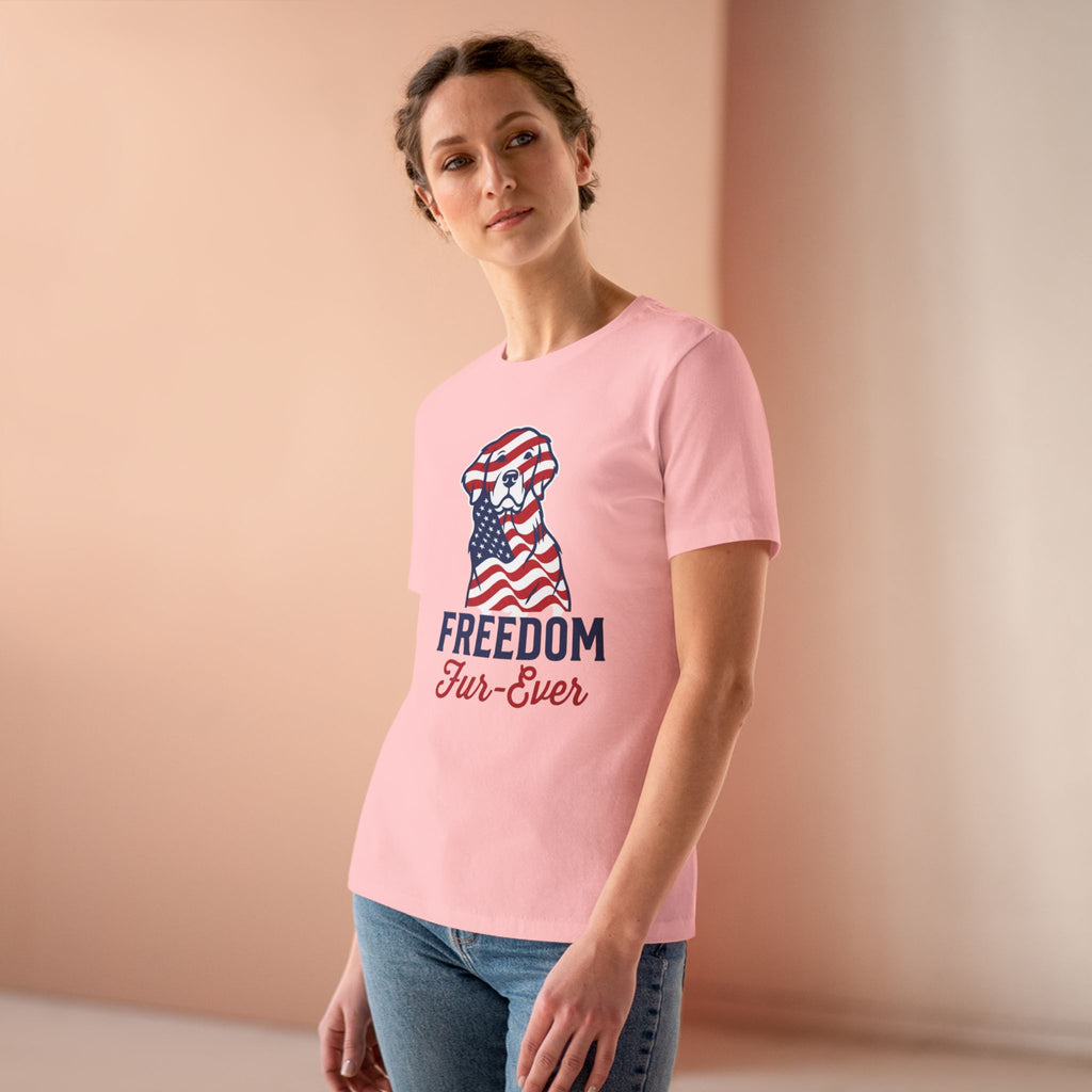 Freedom Fur-Ever Dog T‑Shirt — Patriotic American Flag Puppy Tee for Women