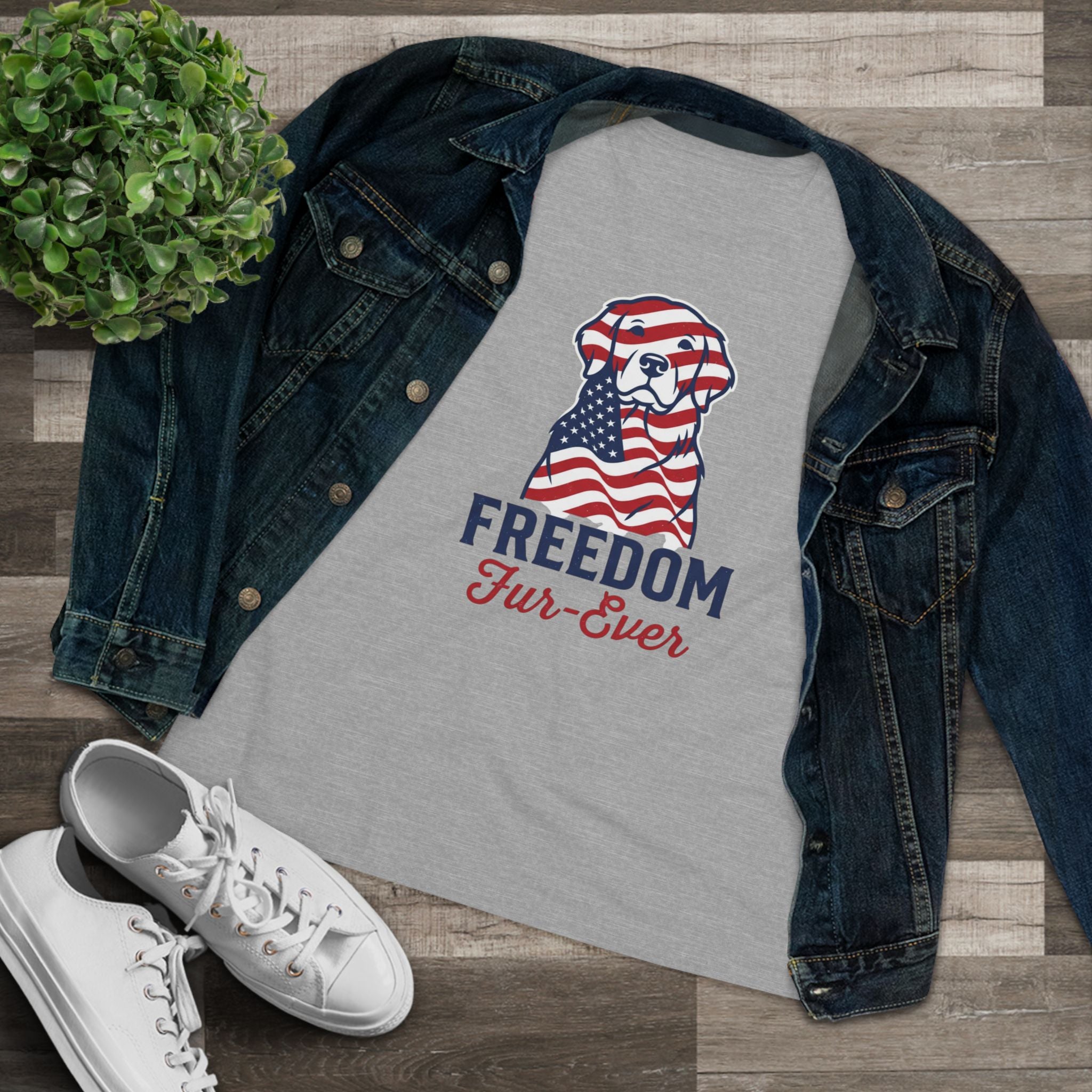 Freedom Fur-Ever Dog T‑Shirt — Patriotic American Flag Puppy Tee for Women