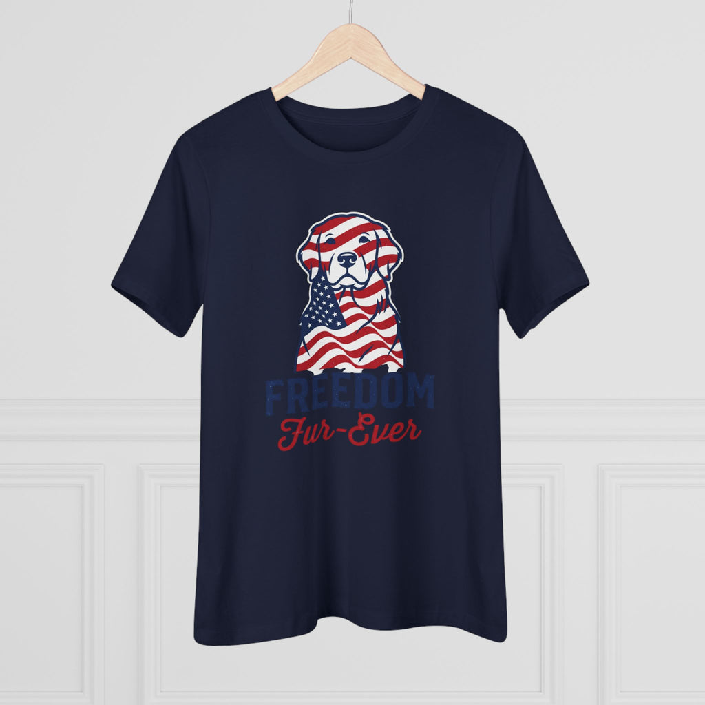 Freedom Fur-Ever Dog T‑Shirt — Patriotic American Flag Puppy Tee for Women