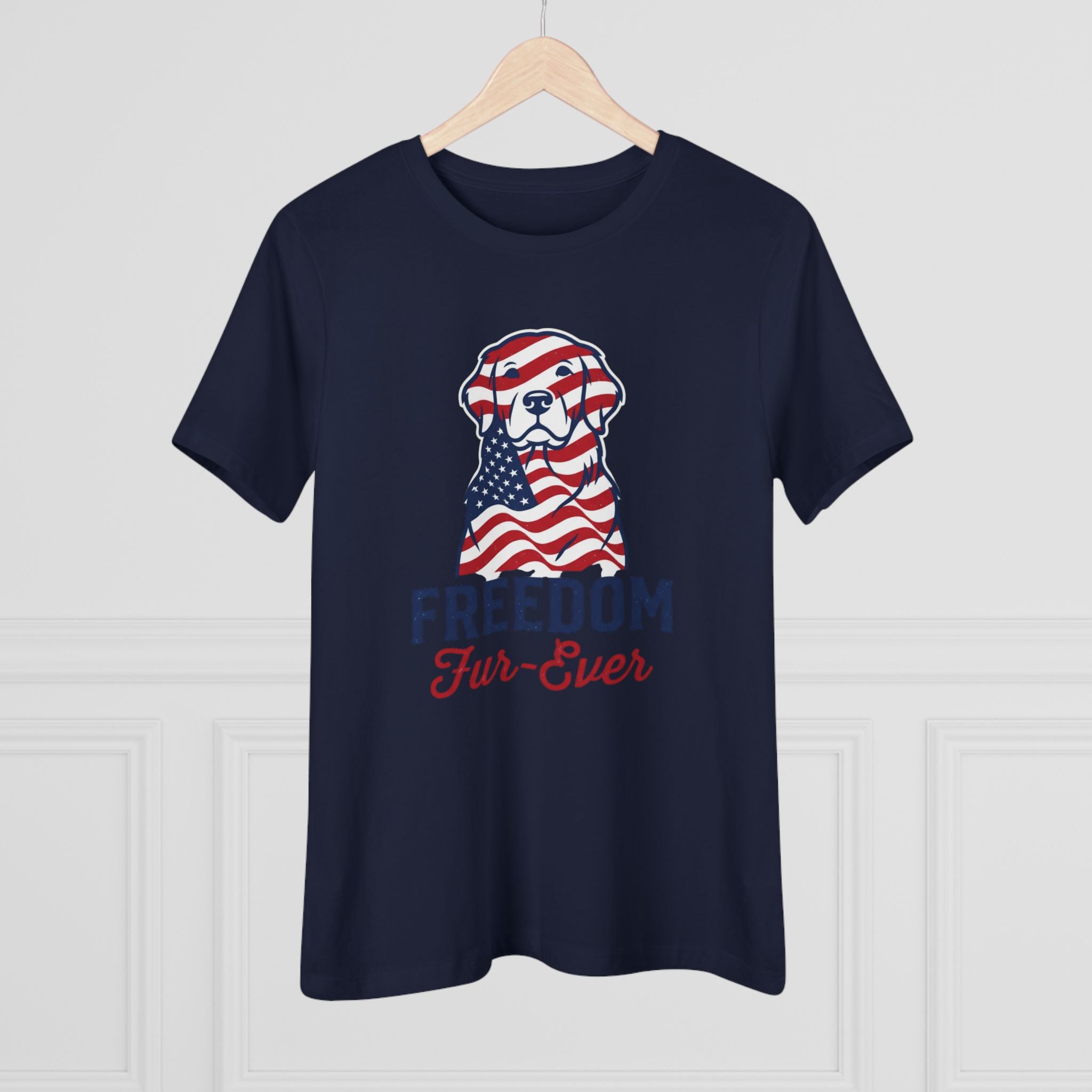 Freedom Fur-Ever Dog T‑Shirt — Patriotic American Flag Puppy Tee for Women