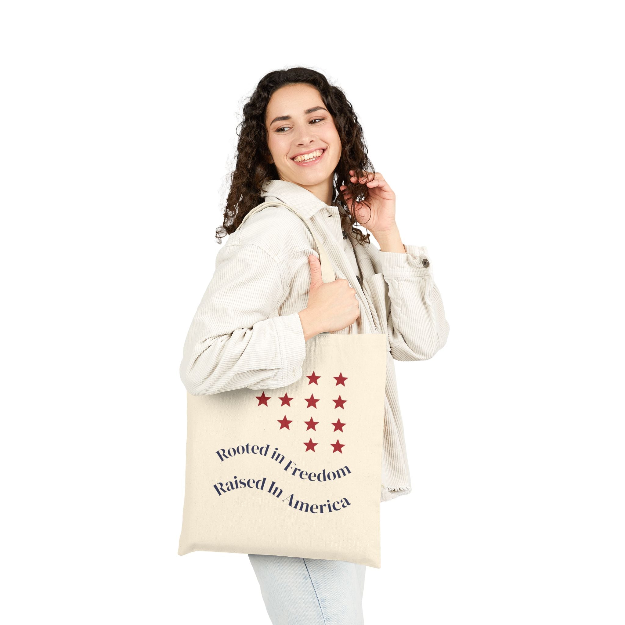 Patriotic Canvas Tote — “Rooted in Freedom, Raised in America”