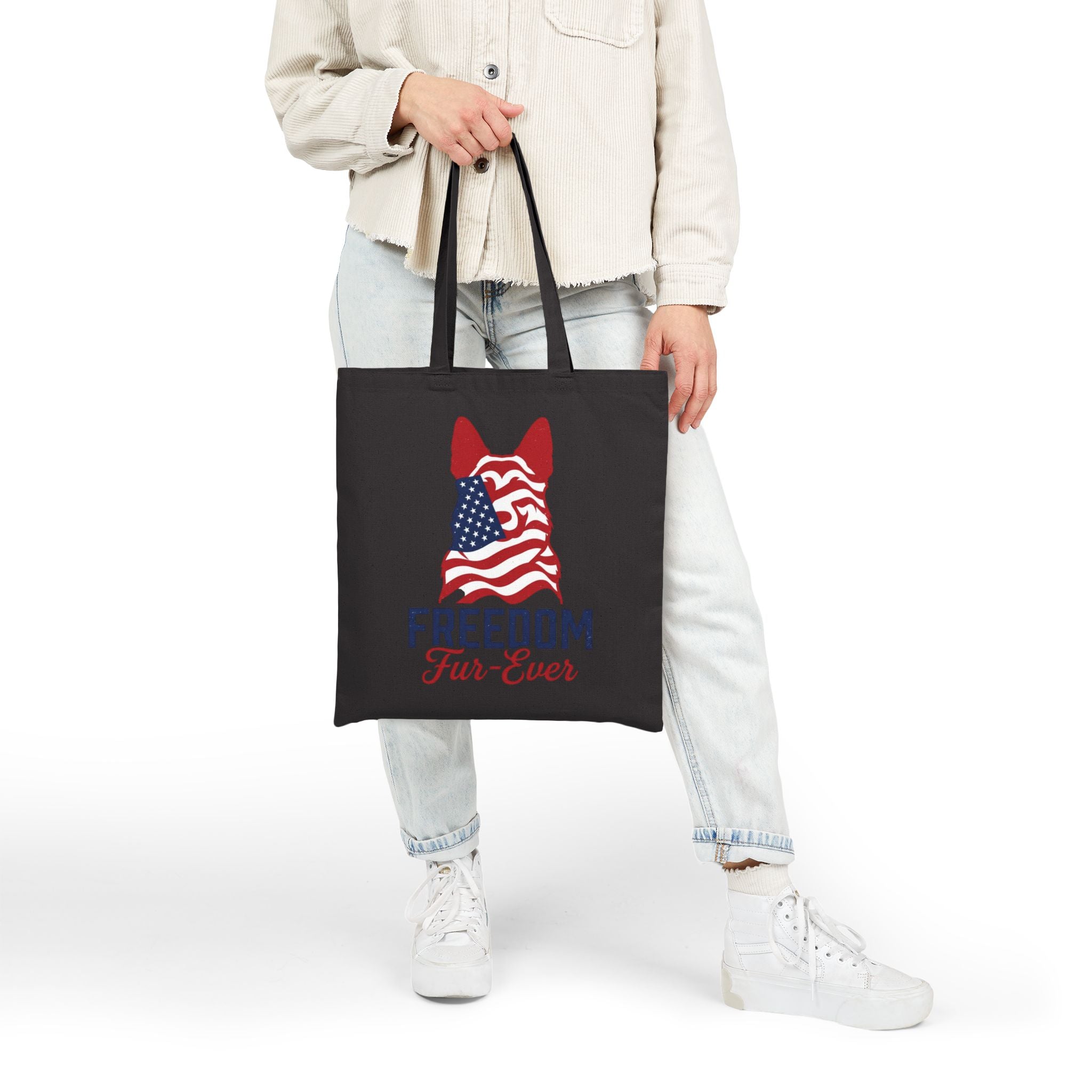 Freedom Fur-Ever Tote Bag — Patriotic American Flag Dog Canvas Tote