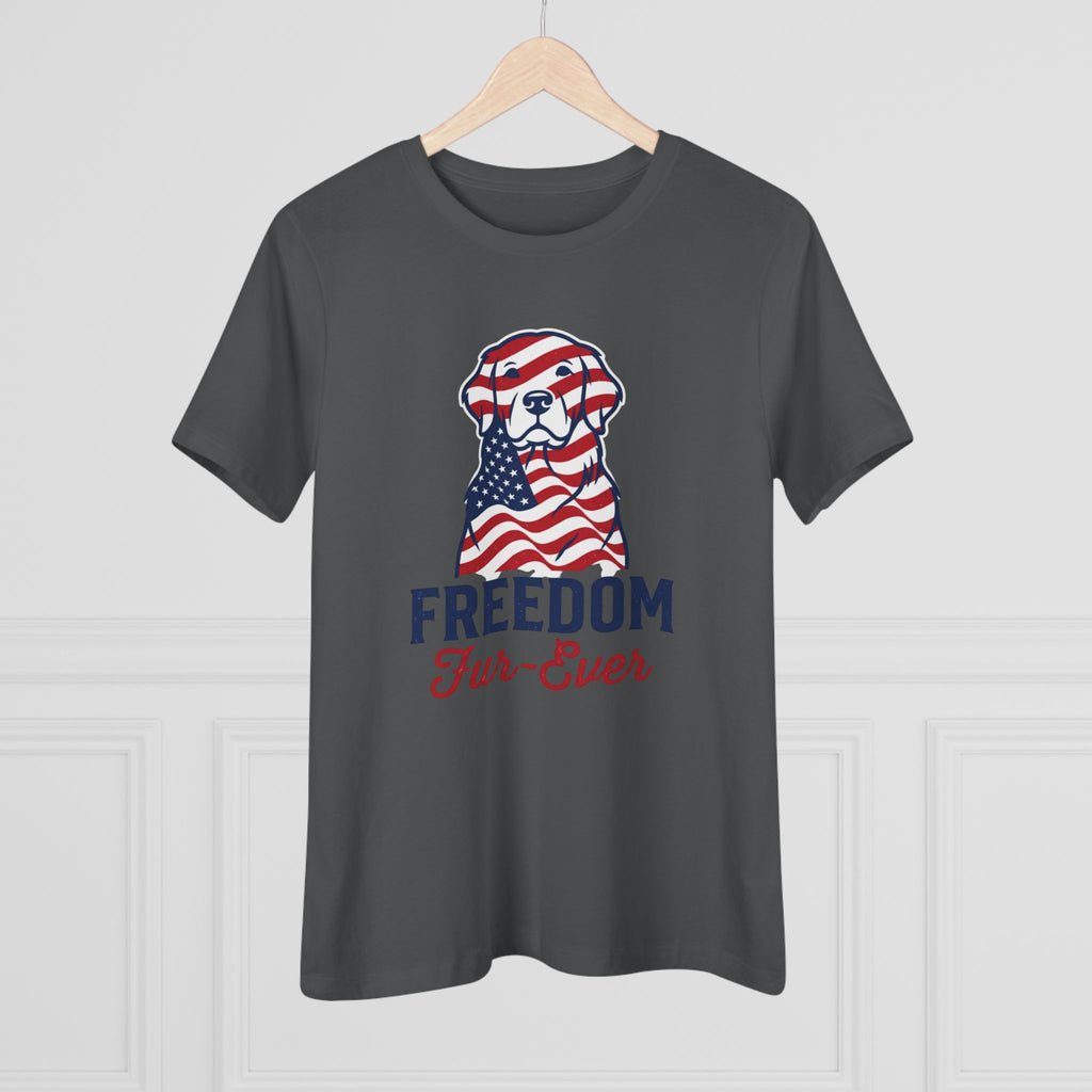 Freedom Fur-Ever Dog T‑Shirt — Patriotic American Flag Puppy Tee for Women
