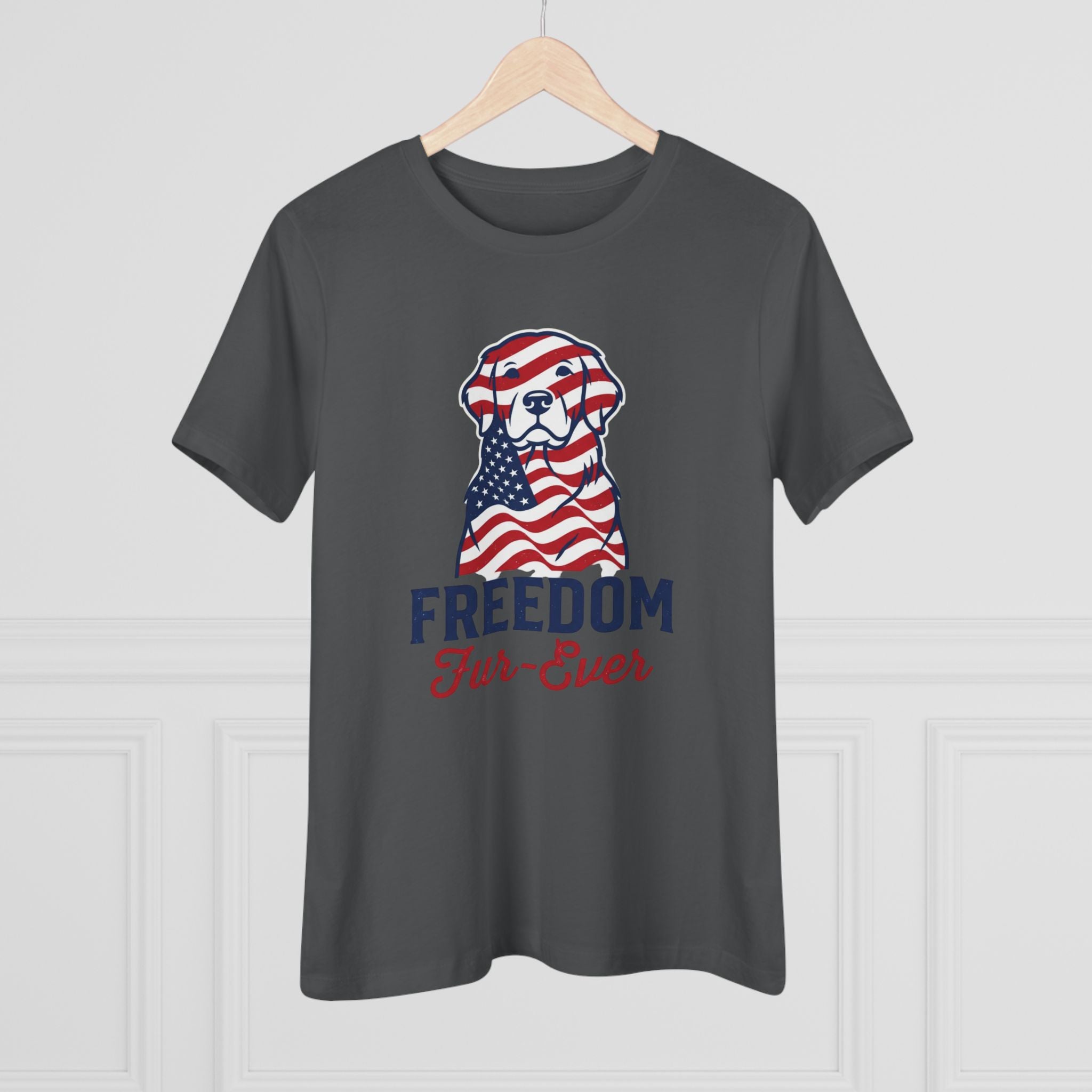 Freedom Fur-Ever Dog T‑Shirt — Patriotic American Flag Puppy Tee for Women