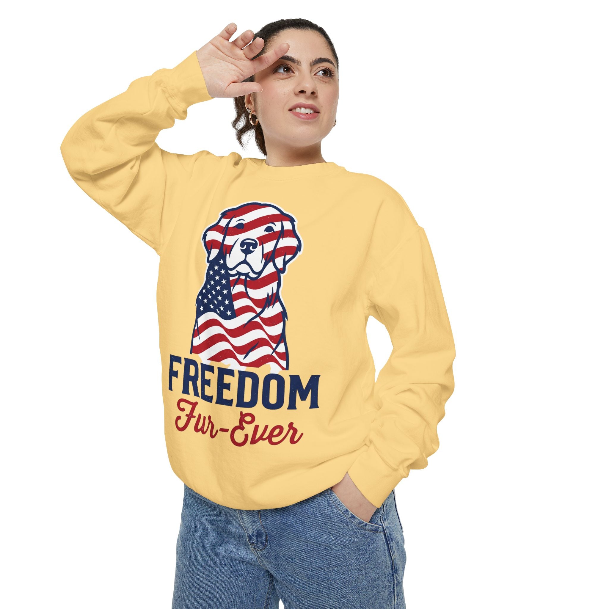Freedom Fur-Ever Sweatshirt — Patriotic American Flag Dog Crewneck
