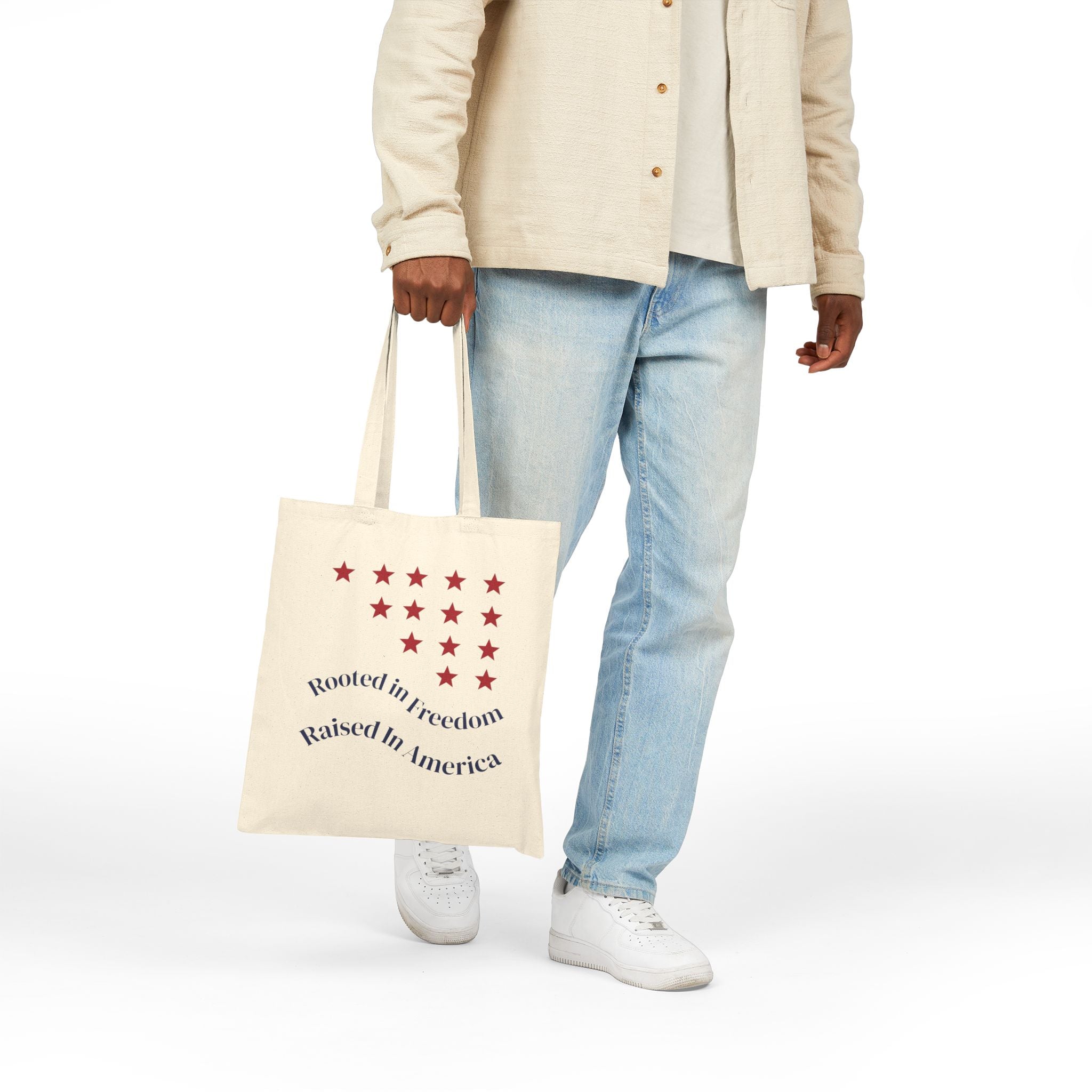 Patriotic Canvas Tote — “Rooted in Freedom, Raised in America”