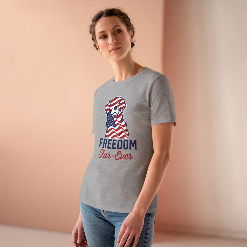 Freedom Fur-Ever Dog T‑Shirt — Patriotic American Flag Puppy Tee for Women