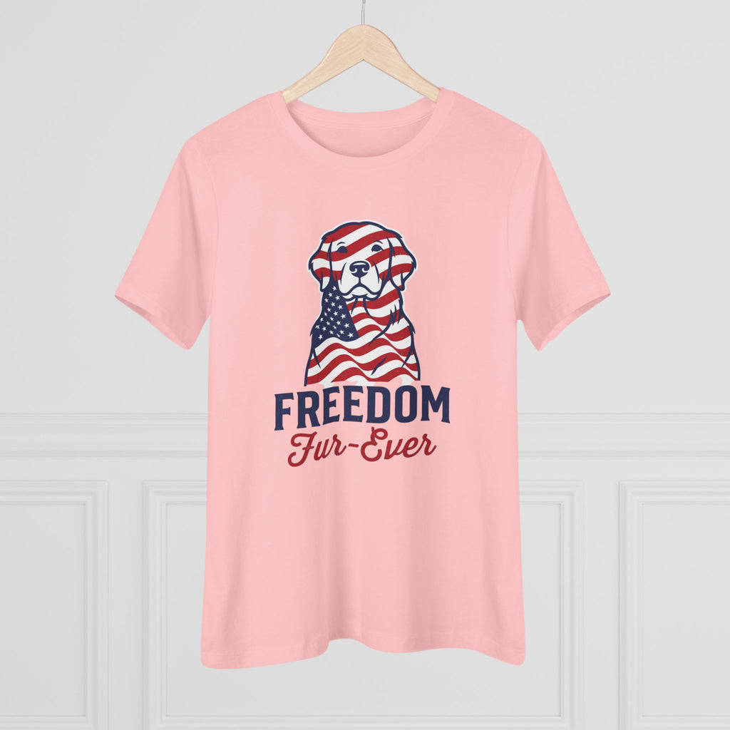 Freedom Fur-Ever Dog T‑Shirt — Patriotic American Flag Puppy Tee for Women