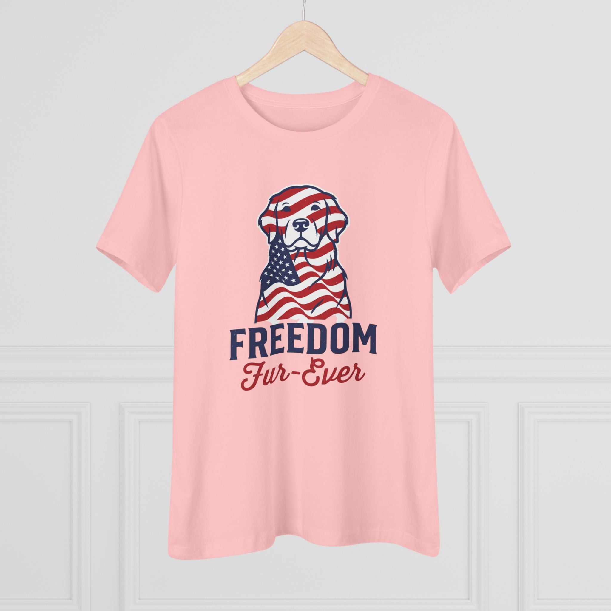 Freedom Fur-Ever Dog T‑Shirt — Patriotic American Flag Puppy Tee for Women