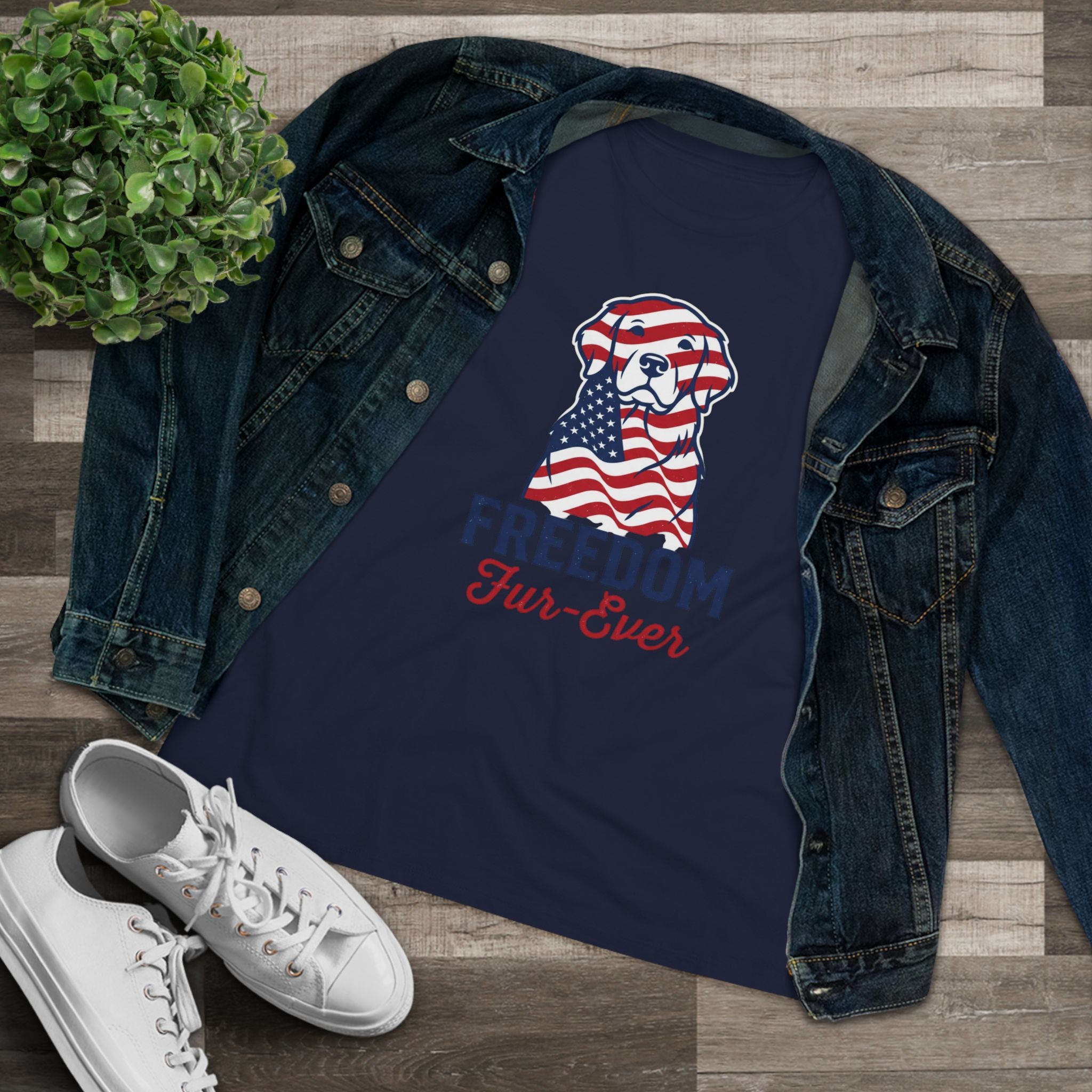 Freedom Fur-Ever Dog T‑Shirt — Patriotic American Flag Puppy Tee for Women