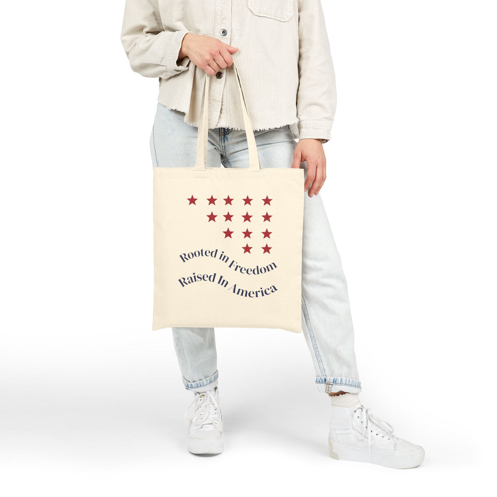 Patriotic Canvas Tote — “Rooted in Freedom, Raised in America”