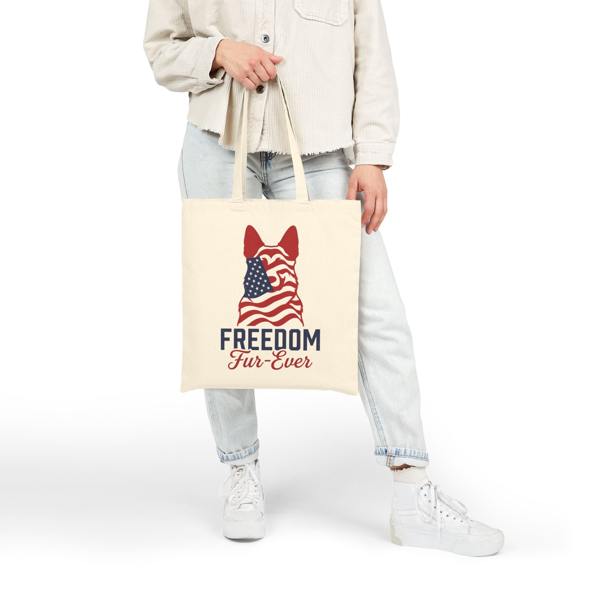Freedom Fur-Ever Tote Bag — Patriotic American Flag Dog Canvas Tote