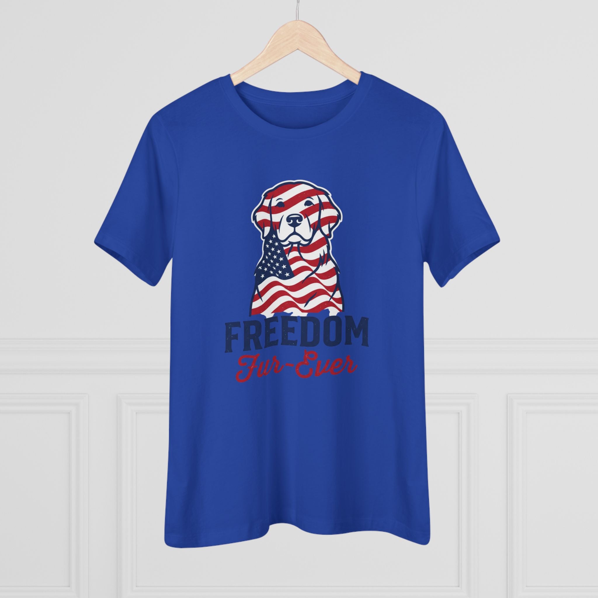 Freedom Fur-Ever Dog T‑Shirt — Patriotic American Flag Puppy Tee for Women