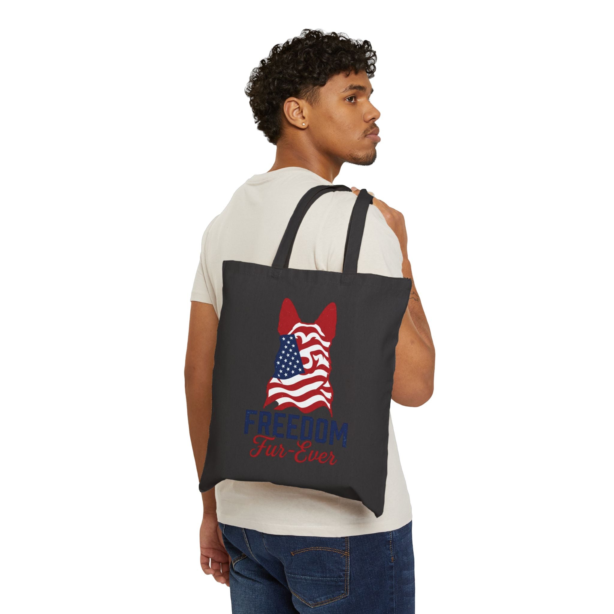 Freedom Fur-Ever Tote Bag — Patriotic American Flag Dog Canvas Tote