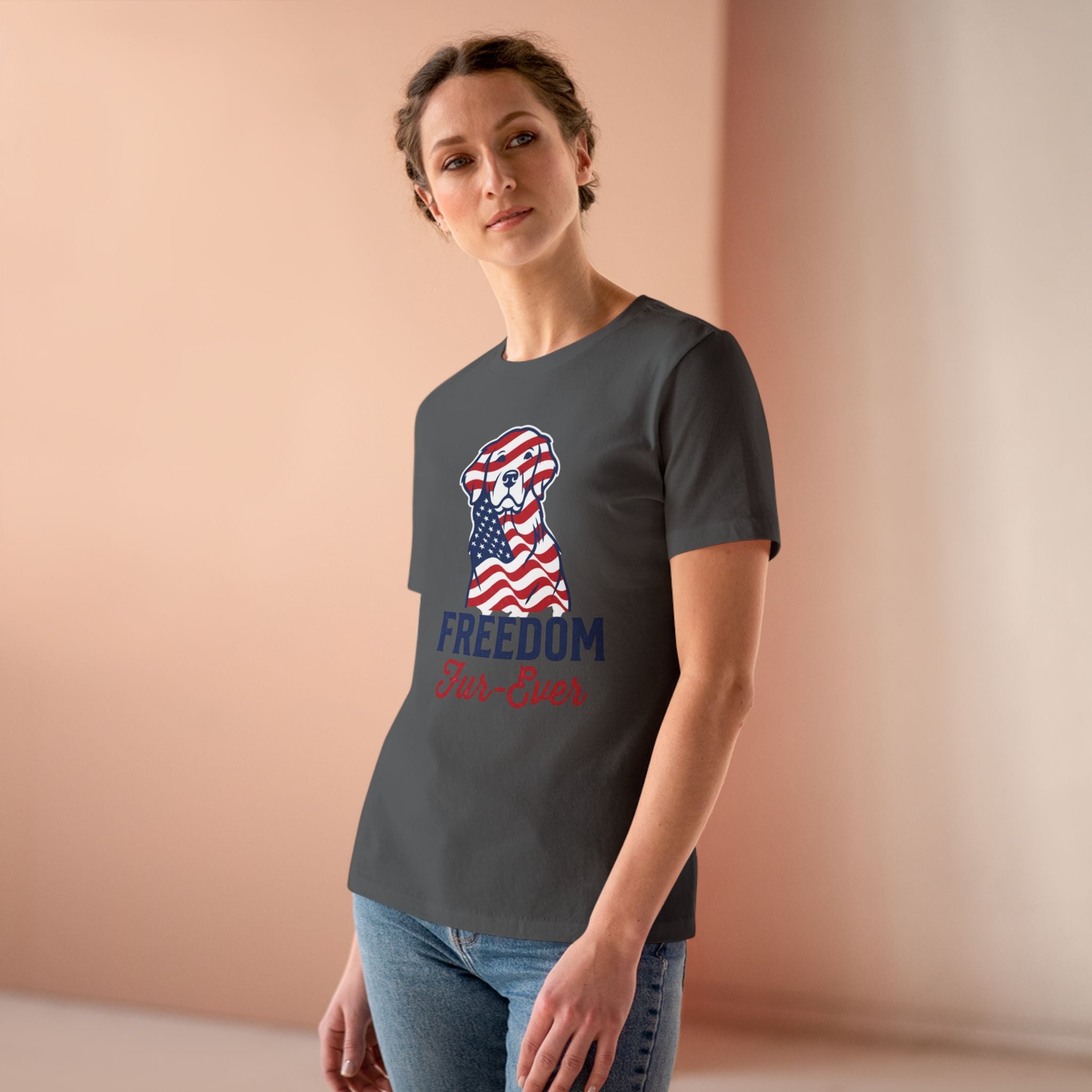 Freedom Fur-Ever Dog T‑Shirt — Patriotic American Flag Puppy Tee for Women