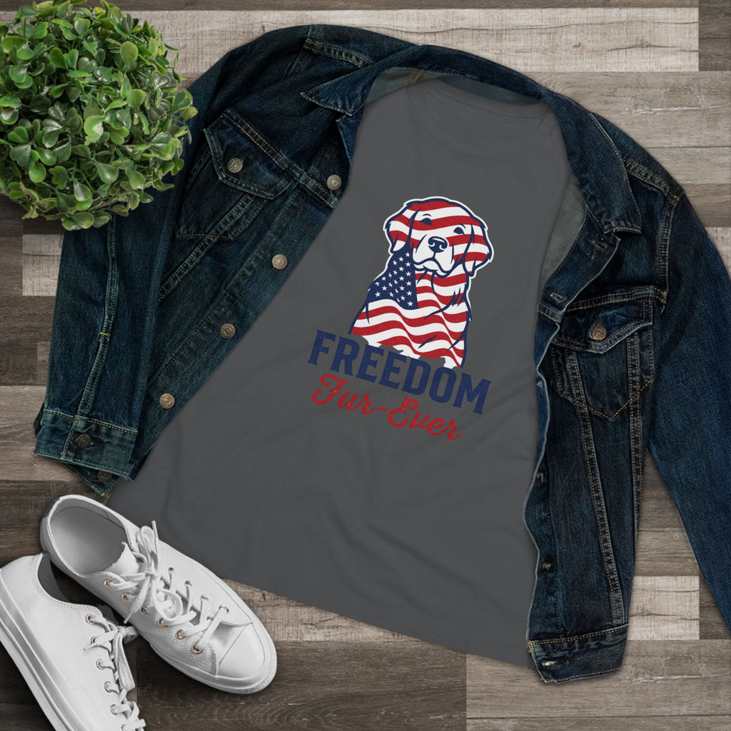 Freedom Fur-Ever Dog T‑Shirt — Patriotic American Flag Puppy Tee for Women
