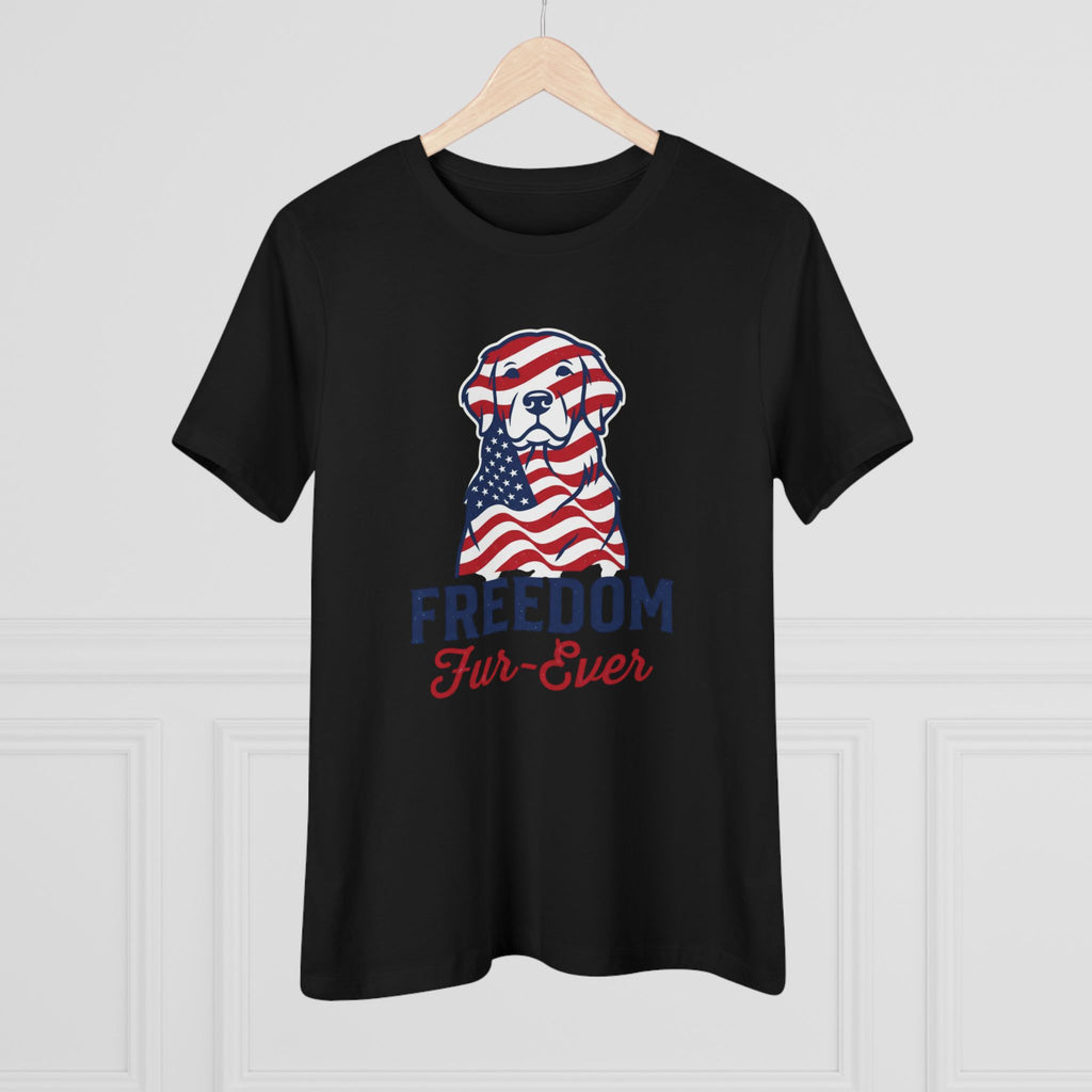 Freedom Fur-Ever Dog T‑Shirt — Patriotic American Flag Puppy Tee for Women
