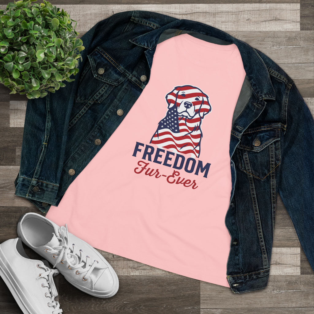 Freedom Fur-Ever Dog T‑Shirt — Patriotic American Flag Puppy Tee for Women