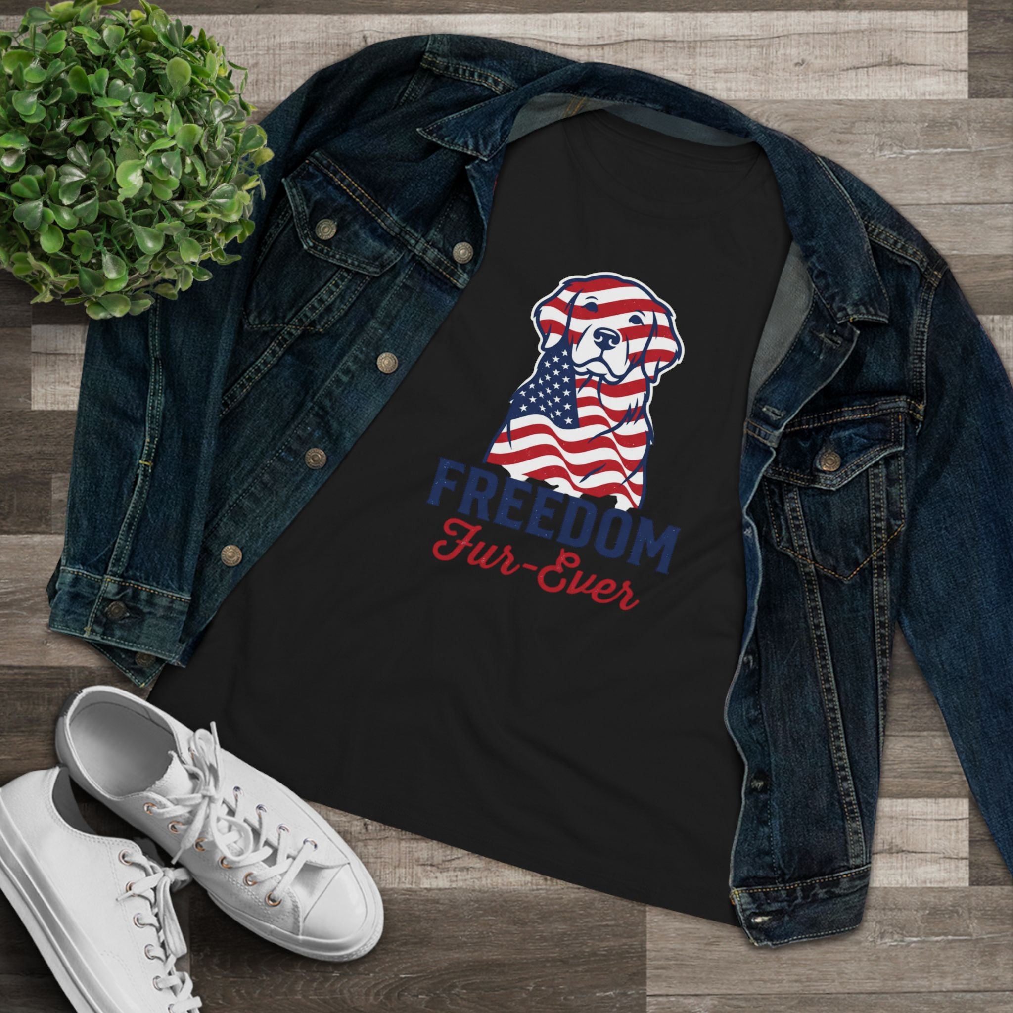 Freedom Fur-Ever Dog T‑Shirt — Patriotic American Flag Puppy Tee for Women